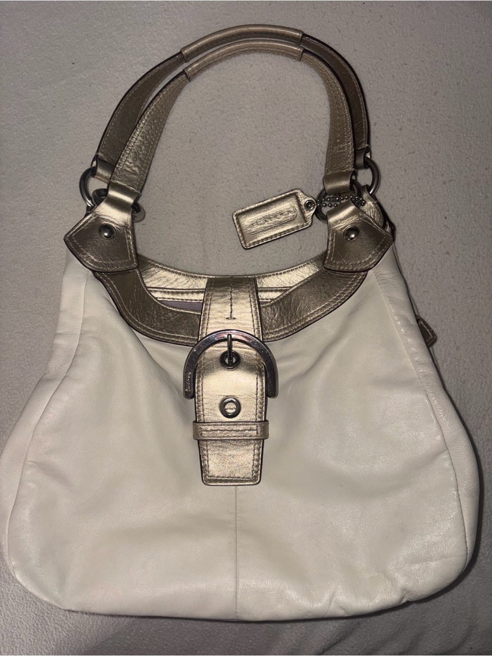 Coach Soho White Leather Shoulder Bag with Metallic Gold Trim